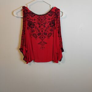 Ecote Red Festive Slit Sleeve Sheer Crop Danity Fiesta Blouse Women's Small